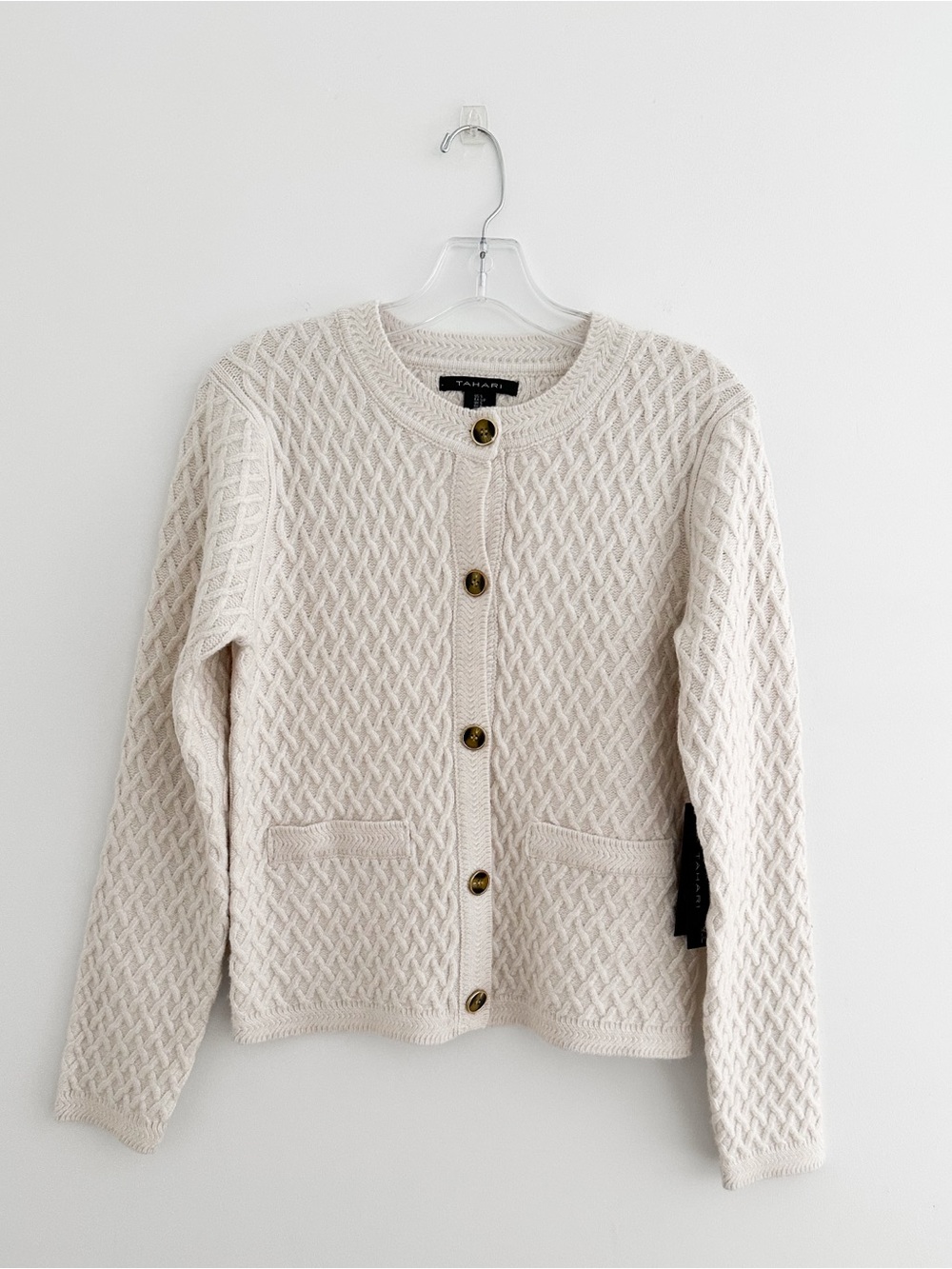 NWT Tahari Cream Cable Knit Cardigan Gold Buttons Basket Weave Lady Jacket Small